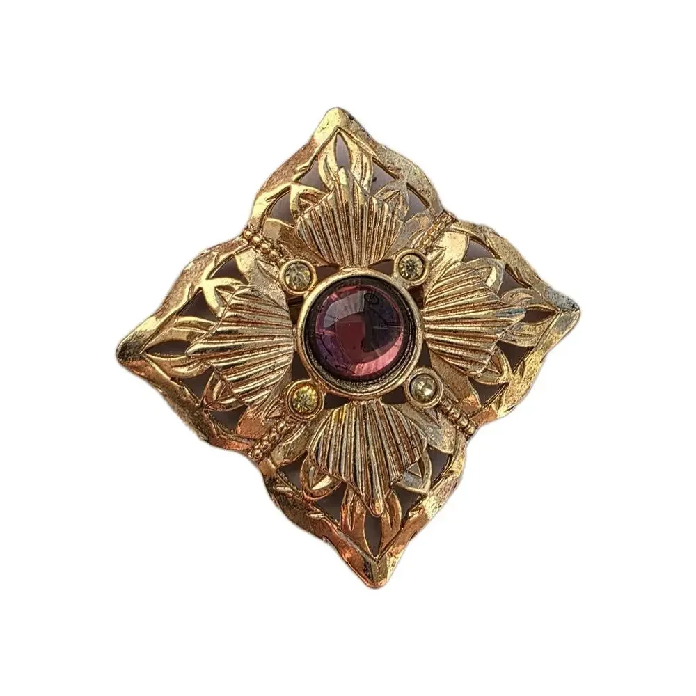 Vintage Victorian Style Gold Toned Diamond Purple Cabochon‎ Rhinestone Brooch